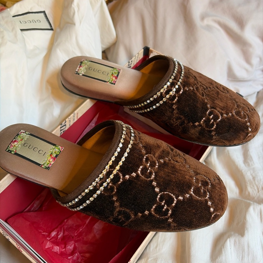 Gucci Brown Velvet Mules with Crystal Accents